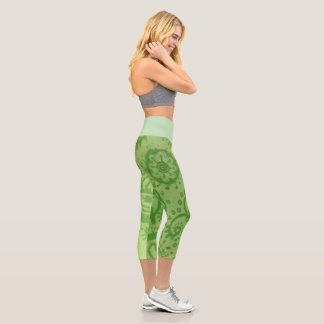 MEDIUM High Waisted Lime Green Paisley Capri Leggings