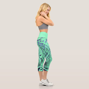 MEDIUM High Waisted Seafoam Purple Paisley Capri Leggings