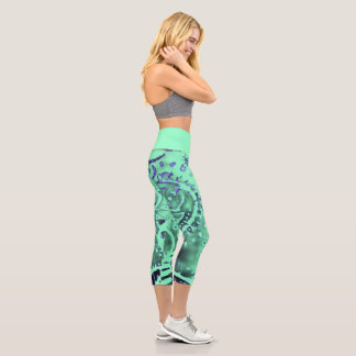 MEDIUM High Waisted Seafoam Purple Paisley Capri Leggings