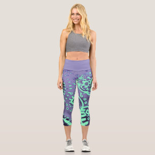 MEDIUM High Waisted Seafoam Purple Paisley Capri Leggings