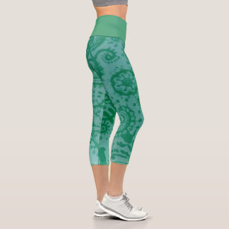 MEDIUM High Waisted Teal Green Paisley Capri Leggings