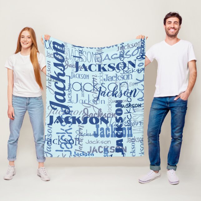 Medium Length Name Graffiti Pattern Blue Navy Fleece Blanket (In Situ)