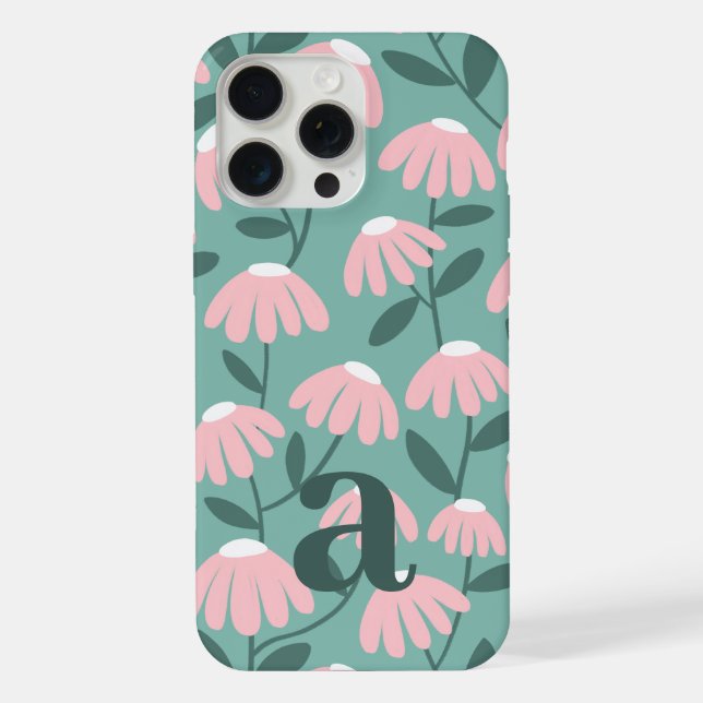 Medium Monogram Letter Pink Green Floral Pattern iPhone Case (Back)