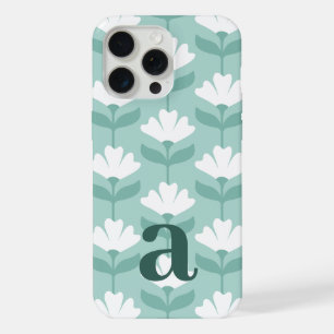Medium Monogram Letter Teal Blue Vintage Flowers iPhone 15 Pro Max Case
