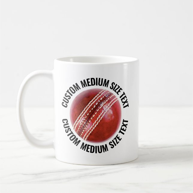 Medium Personalised Text Cricket Ball 11oz. Custom Coffee Mug (Left)
