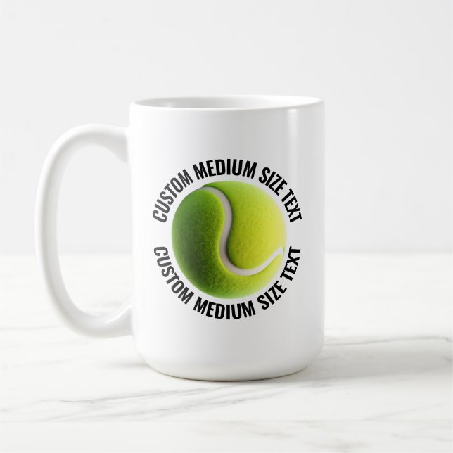 Medium Personalised Text Tennis Ball 15 oz. Custom Coffee Mug (Left)