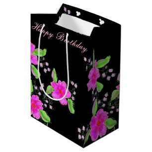 Medium Pink Flowered Black Birthday Gift-bag Gift Bag