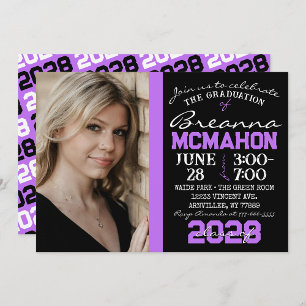 Medium Purple & Black Graduation Photo Invitation