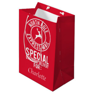 Medium Red & White North Pole Express Mail Name Gift Bag