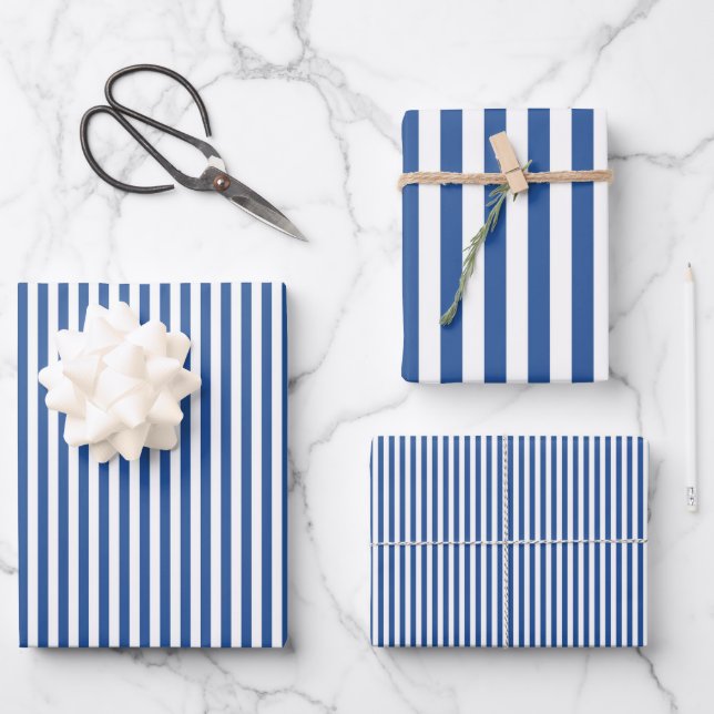 Medium Sapphire Blue & White Stripes Wrapping Paper Sheet (Front)