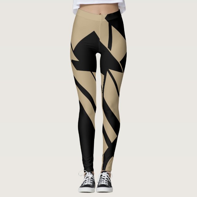 Medium Tan, Black Geometric Abstract Design Leggin Leggings (Front)