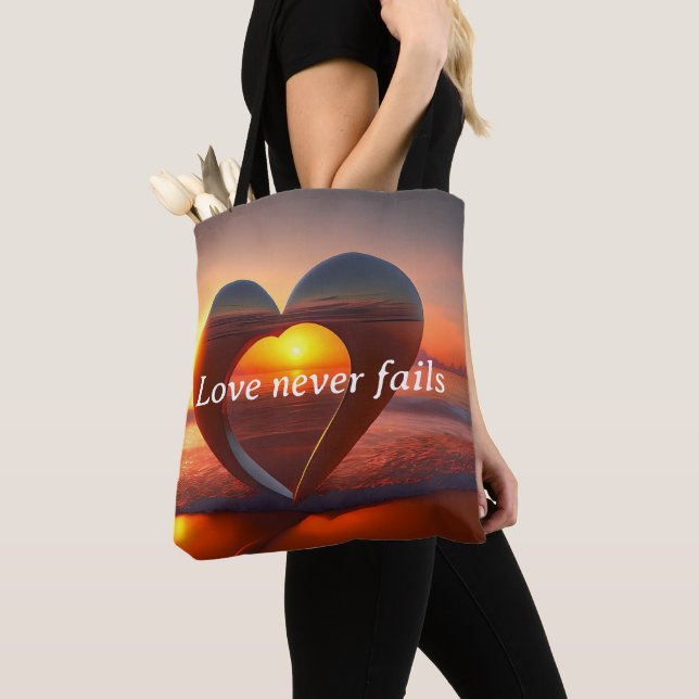 Medium Tote Bag Love Never Fails. (Close Up)