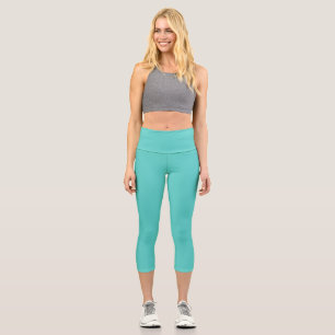Medium Turquoise Solid Plain Color Capri Leggings