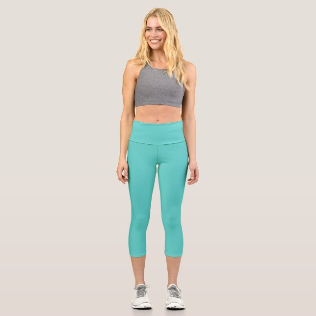 Medium Turquoise Solid Plain Colour Capri Leggings (Front)
