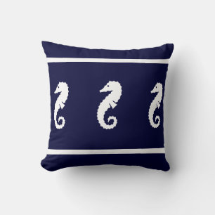 Medium white on navy SEA HORSE coastal living Cushion