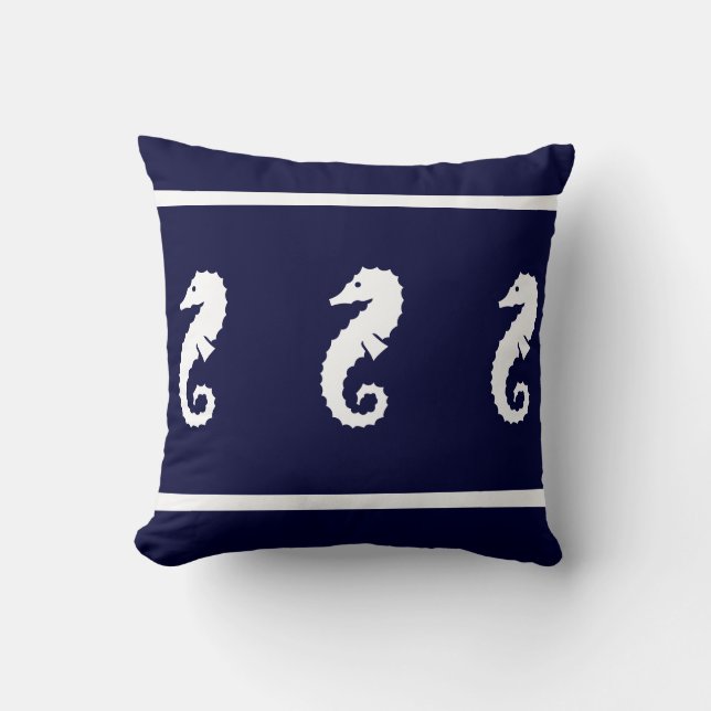 Medium white on navy  SEA HORSE   coastal living Cushion (Front)