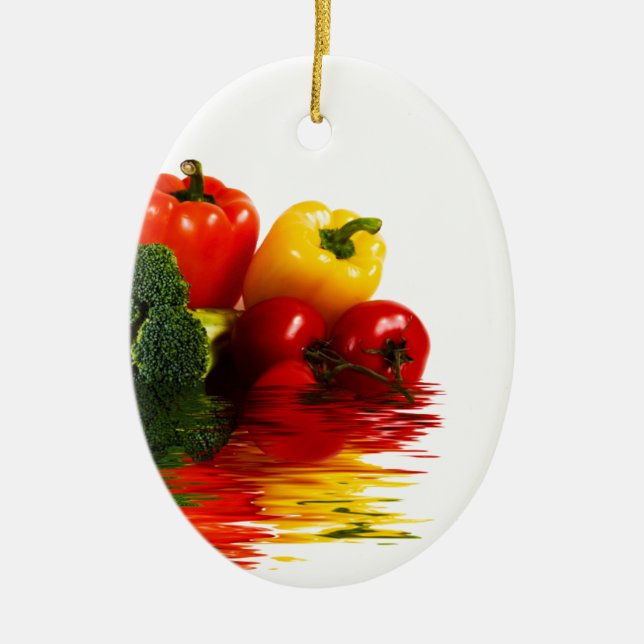 Medley of vegetables over white ceramic tree decoration (Front)
