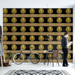 Medusa and Greek Key Gold on Black Designer Wallpaper