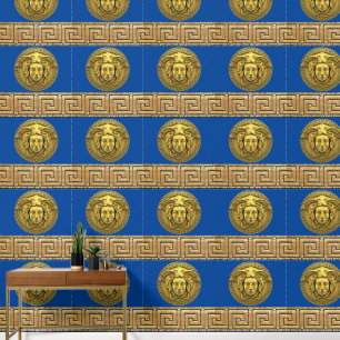 Medusa and Greek Key Gold on BLUE Designer Wallpaper