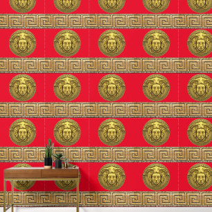 Medusa and Greek Key Gold on RED Designer  Wallpaper