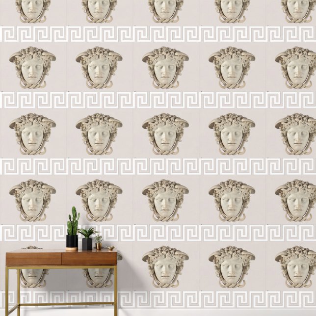 Medusa and Greek Key Neutral on Beige Designer  Wallpaper (Hallway)