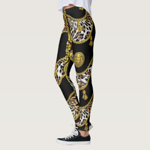 Medusa Exotica Leopard and Gold Tassel Black Leggings