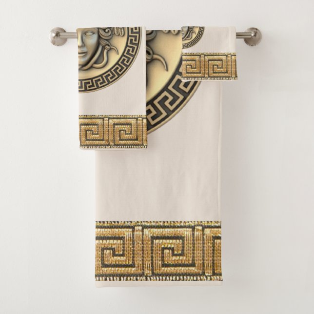 Medusa Golden Gorgon Greek Key BEIGE Bath Towel Set (Insitu)