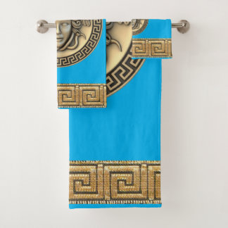 Medusa Golden Gorgon Greek Key Blue Bath Towel Set