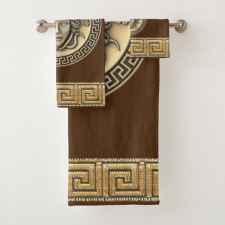 Medusa Golden Gorgon Greek Key Brown Bath Towel Set