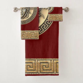 Medusa Golden Gorgon Greek Key Burgundy Bath Towel Set
