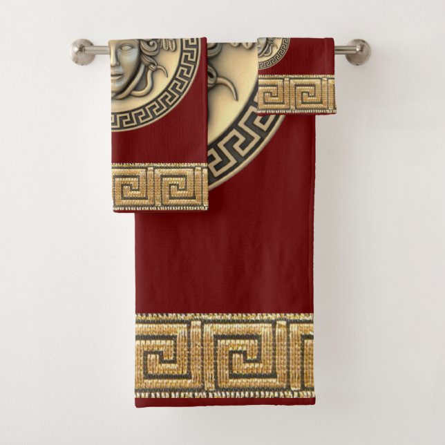 Medusa Golden Gorgon Greek Key Burgundy Bath Towel Set (Insitu)