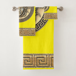 Medusa Golden Gorgon Greek Key Lemon Yelllow Bath Towel Set