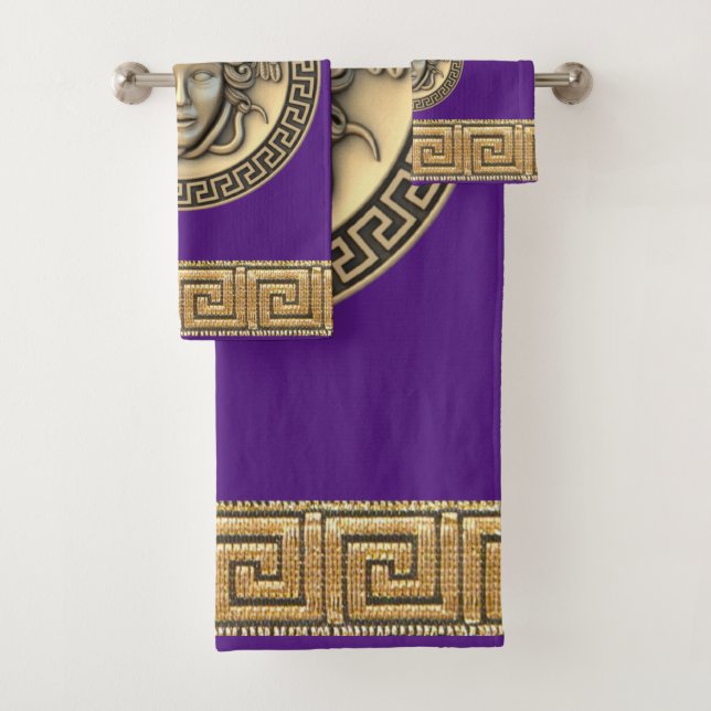 Medusa Golden Gorgon Greek Key Purple Bath Towel Set (Insitu)
