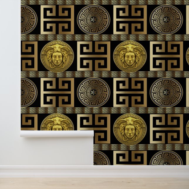 Medusa Greek Key Gold on Black Designer  Wallpaper (Application)
