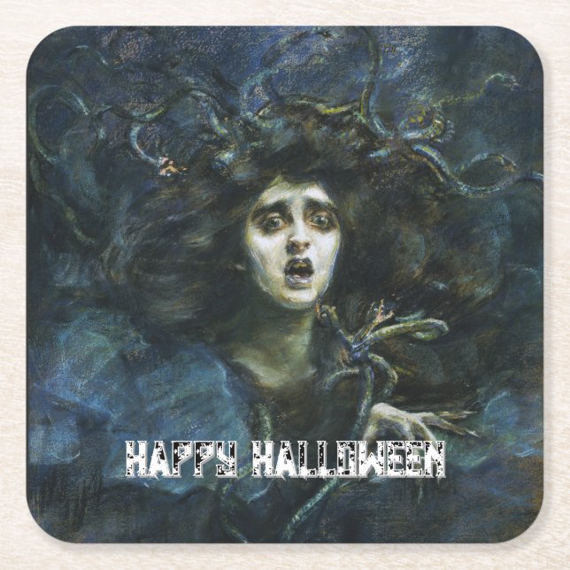 Medusa "Happy Halloween" Fine Art Party Square Paper Coaster (Front)