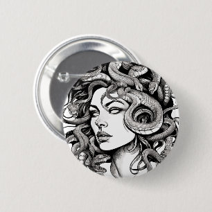 Medusa head tattoo style 6 cm round badge