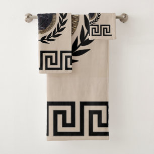 Medusa Noire, Greek Key, Laurel Wreath, Beige Bath Towel Set