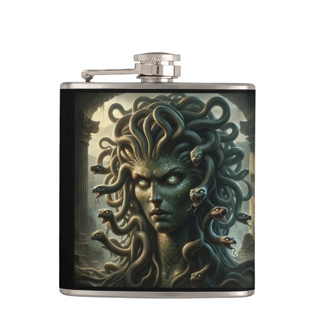 Medusa Stare of Death Head of Snakes Hip Flask (Front)