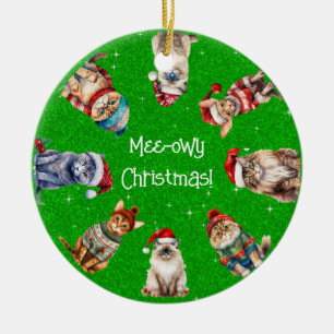 Mee-owy Christmas Festive Cats on Green Glitter Ceramic Ornament