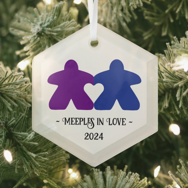 Meeples in Love, Purple & Blue Glass Ornament (Insitu)