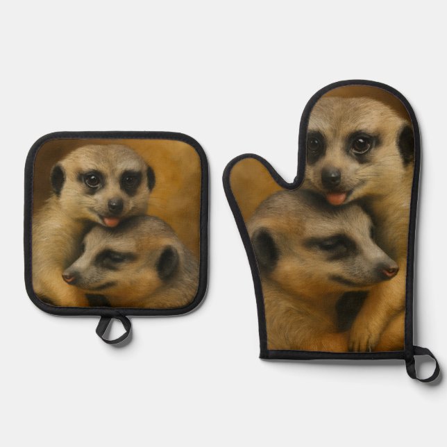 Meerkat Affection Oven Mitt & Pot Holder Set (Front)