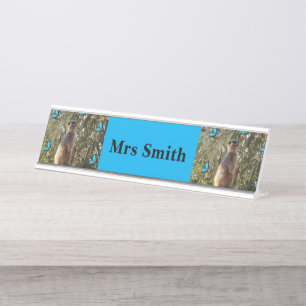 Meerkat And Blue Butterflies, Desk Name Plate