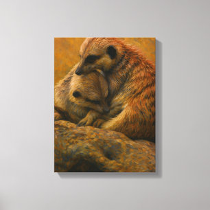 Meerkat Cuddle – Earth-Toned Wildlife Painting Canvas Print