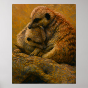 Meerkat Cuddle – Earth-Toned Wildlife Painting Poster
