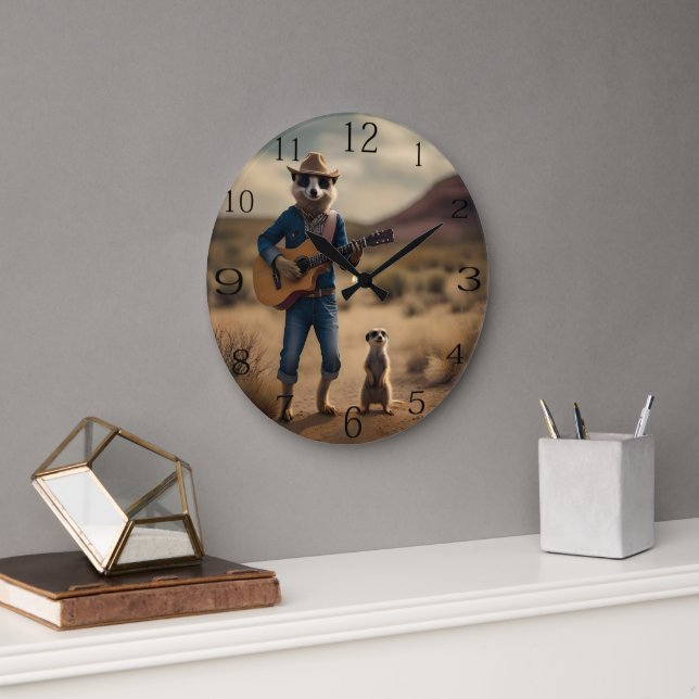 Meerkat Duet: Strumming Together in Harmony, Large Clock (Office)