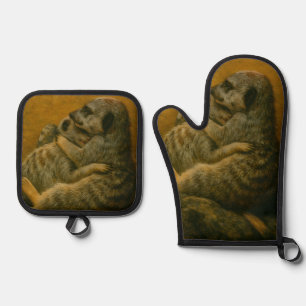 Meerkat Embrace – Heartfelt Wildlife Art Print Oven Mitt & Pot Holder Set
