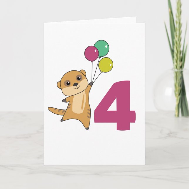 Meerkat Fourth Birthday Balloons Kids Card (Front)