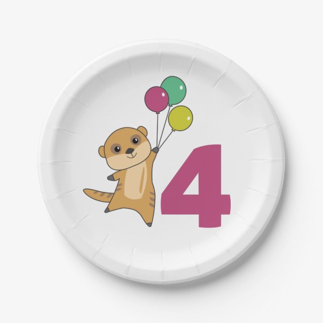 Meerkat Fourth Birthday Balloons Kids Paper Plates (Front)