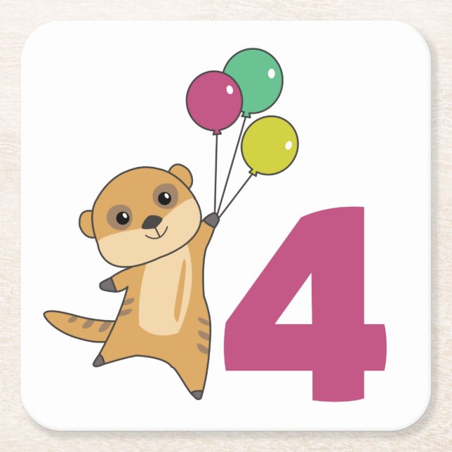 Meerkat Fourth Birthday Balloons Kids Square Paper Square Paper Coaster (Front)