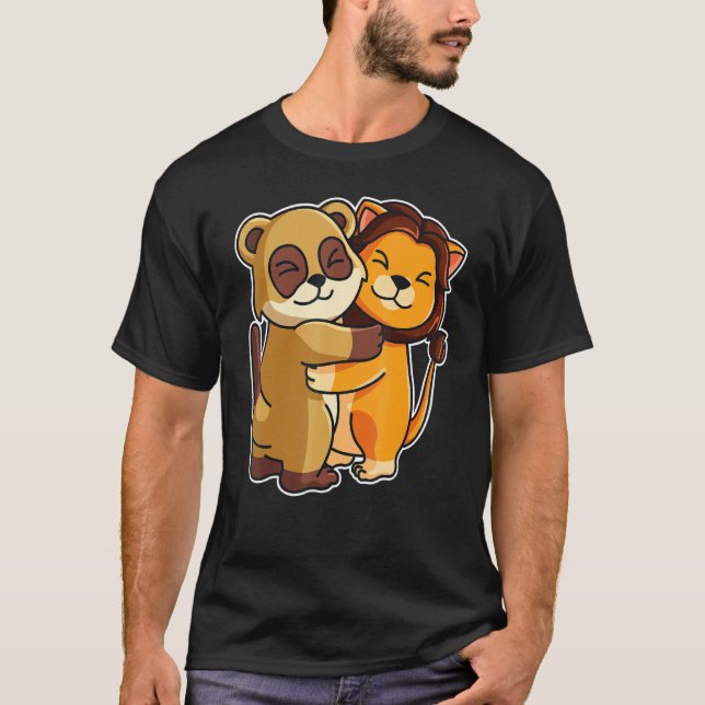 Meerkat & Lion Hug Cute Zoo Animals For Women Cudd T-Shirt (Front)